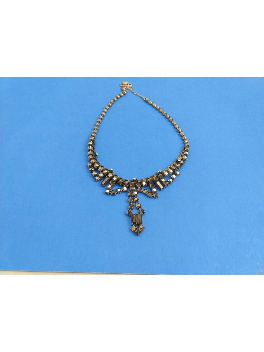 Fossil Brand Silver Tone Chunky Link Necklace Black Rhinestones 9" + Drop